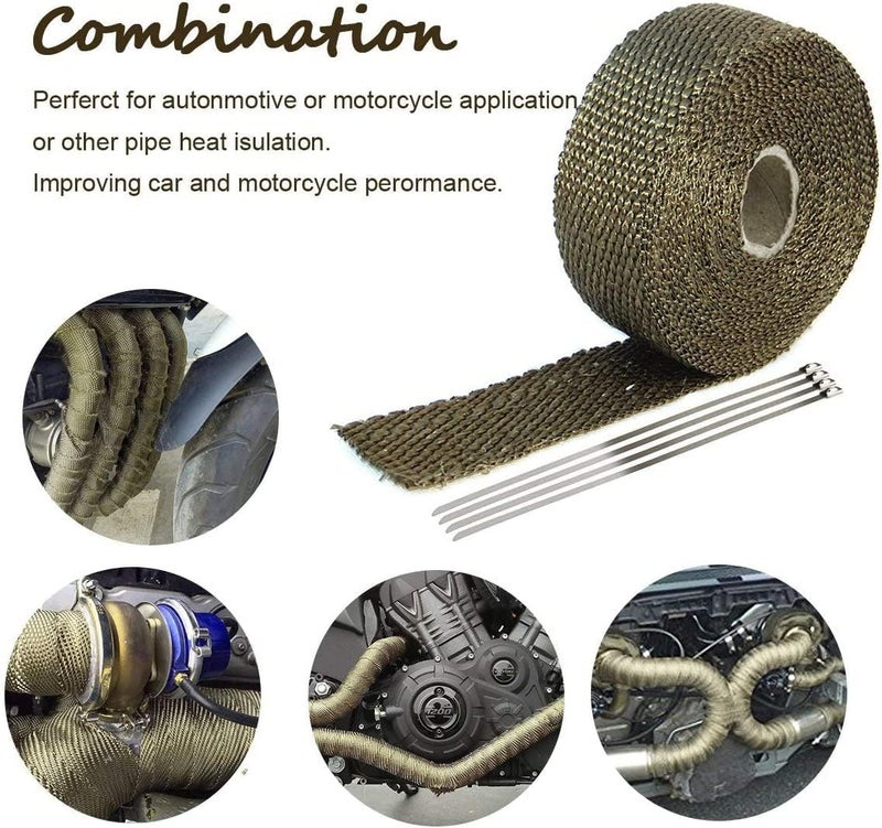 PACEWALKER Titanium Exhaust Wrap 1" x 16' Roll for Motorcycle Fiberglass Heat Shield Tape with Stainless Ties - Image 4