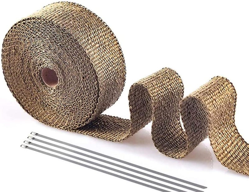 PACEWALKER Titanium Exhaust Wrap 1" x 16' Roll for Motorcycle Fiberglass Heat Shield Tape with Stainless Ties - Image 1