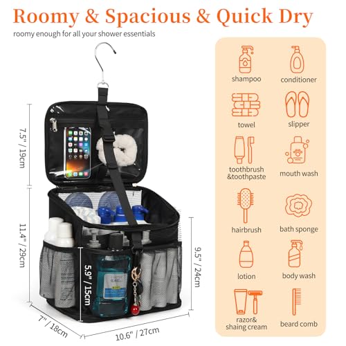 CUBETASTIC Shower Caddy Portable Mesh Shower Tote for Bathroom Gym Travel Camping Quick Dry Hanging Organizer Toiletry Bag with Handle for College Dorm Room Men Women A Black 98 - Image 3