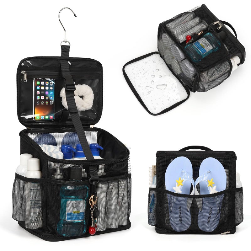 CUBETASTIC Shower Caddy Portable Mesh Shower Tote for Bathroom Gym Travel Camping Quick Dry Hanging Organizer Toiletry Bag with Handle for College Dorm Room Men Women A Black 98 - Image 2