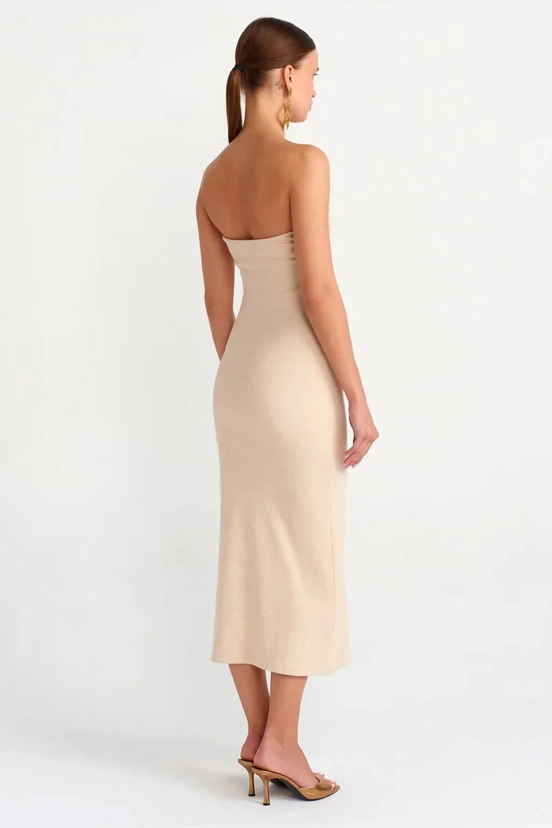 Dilvin Beige Natural DILVIN Strapless Bodycon Midi Dress for Women | Best Price UAE