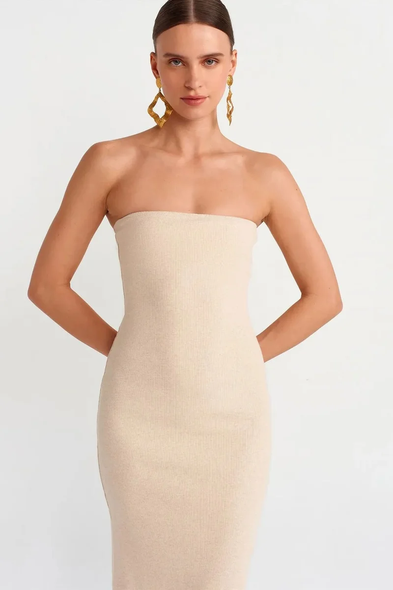 Dilvin Beige Natural DILVIN Strapless Bodycon Midi Dress for Women | Best Price UAE