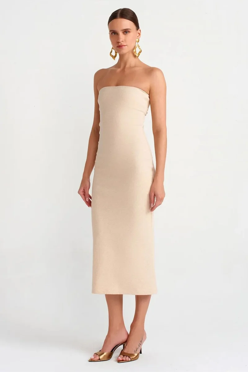 Dilvin Beige Natural DILVIN Strapless Bodycon Midi Dress for Women | Best Price UAE