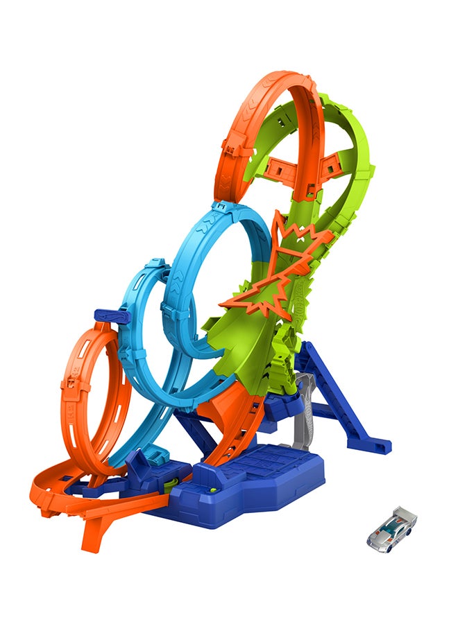 Hot Wheels مجموعة مسار سيارة لعبة مع 4 حلقات، منطقة تصادم ثلاثية، معزز موتور، تتfold للتخزين، مع سيارة لعبة بمقياس 1:64 - Image 3