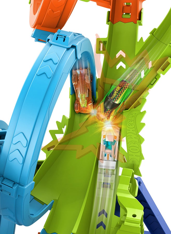 Hot Wheels مجموعة مسار سيارة لعبة مع 4 حلقات، منطقة تصادم ثلاثية، معزز موتور، تتfold للتخزين، مع سيارة لعبة بمقياس 1:64 - Image 5