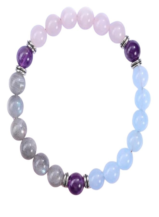 Sukhad Rose Quartz, Amethyst & Blue Chalcedony Beaded Bracelet for Men & Women | Natural Healing Crystal Bracelet | Stretchable Elastic Bracelet | Love, Calm & Stress Relief Jewelry - Image 1
