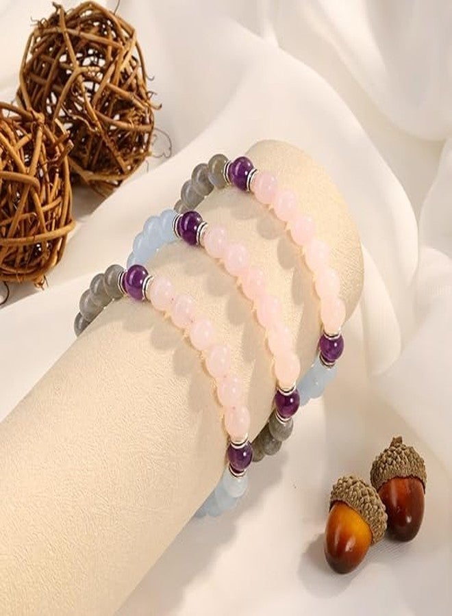 Sukhad Rose Quartz, Amethyst & Blue Chalcedony Beaded Bracelet for Men & Women | Natural Healing Crystal Bracelet | Stretchable Elastic Bracelet | Love, Calm & Stress Relief Jewelry - Image 3