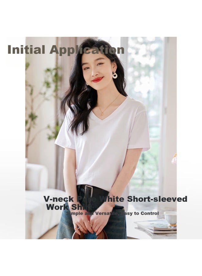 Chushen Summer V-neck Pure Cotton Short Sleeve T-shirt Women's Simple And Versatile Casual Commuting Basic Top Sw1kdf1