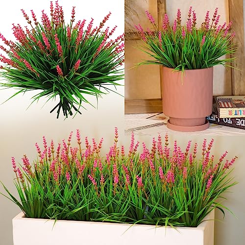 alyptus 12 Bundles Artificial Plants Outdoor Fake Monkey Grass with Flowers for Pot Garden Verandah Decor (Pink Flowers) - Image 1