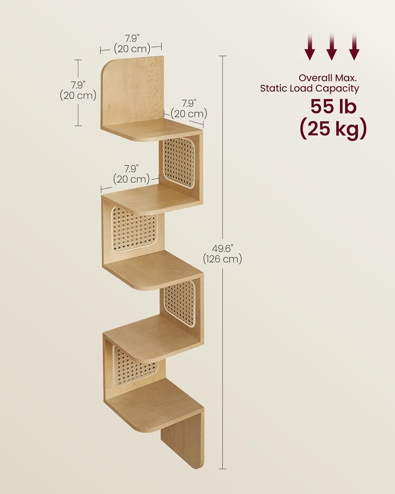 VASAGLE 5-Tier Corner Shelf, Wall Mounted Floating Shelf, Zigzag Corner Shelf Unit, PVC Rattan Sides, Space-Saving, for Kitchen, Living Room, Bedroom, Boho Style, Oak Beige ULLS582Y57 - Image 2
