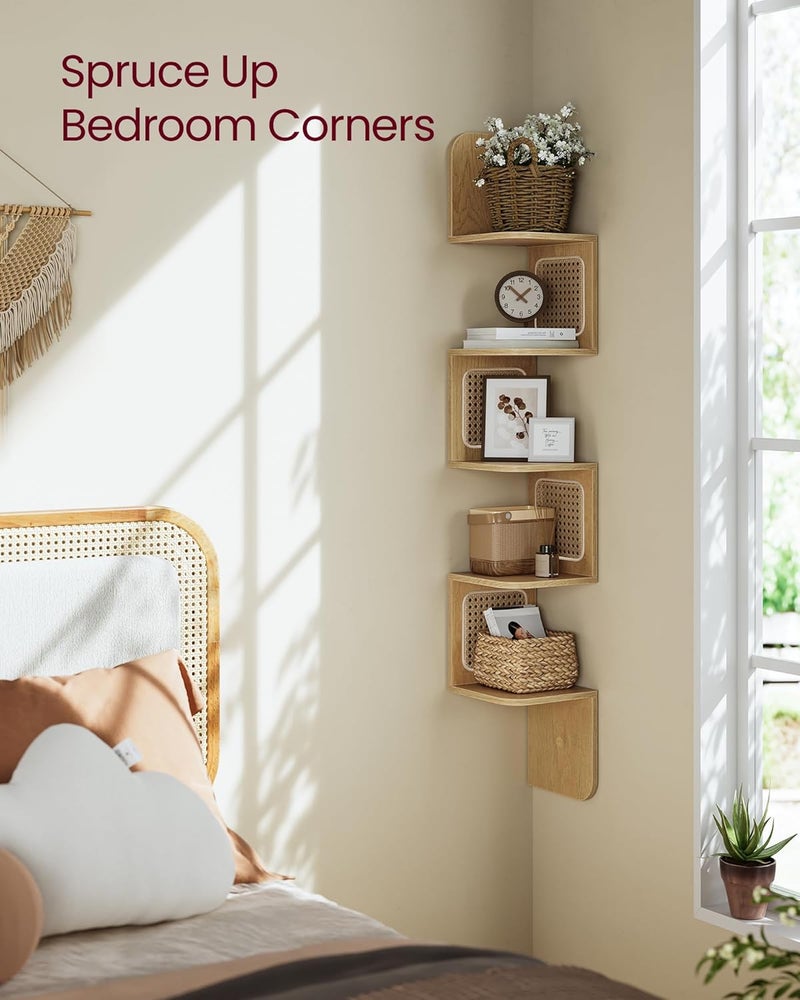 VASAGLE 5-Tier Corner Shelf, Wall Mounted Floating Shelf, Zigzag Corner Shelf Unit, PVC Rattan Sides, Space-Saving, for Kitchen, Living Room, Bedroom, Boho Style, Oak Beige ULLS582Y57 - Image 3