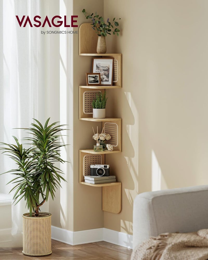 VASAGLE 5-Tier Corner Shelf, Wall Mounted Floating Shelf, Zigzag Corner Shelf Unit, PVC Rattan Sides, Space-Saving, for Kitchen, Living Room, Bedroom, Boho Style, Oak Beige ULLS582Y57 - Image 1
