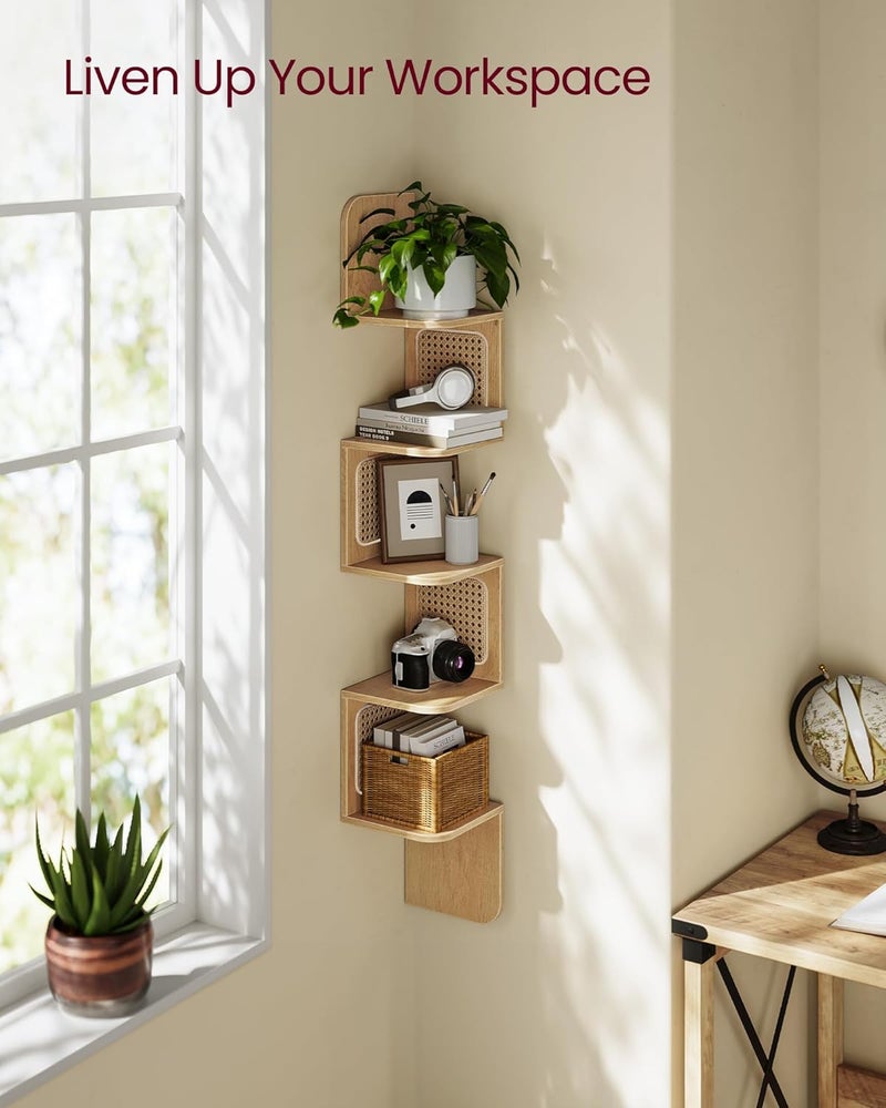VASAGLE 5-Tier Corner Shelf, Wall Mounted Floating Shelf, Zigzag Corner Shelf Unit, PVC Rattan Sides, Space-Saving, for Kitchen, Living Room, Bedroom, Boho Style, Oak Beige ULLS582Y57 - Image 4
