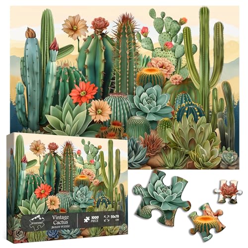 PICKFORU Vintage Cactus Plant Puzzles for Adults 1000 Pieces and up PICKFORU Retro Succulents Puzzles as Home Decor Flower Puzzle for Plant Lovers - Image 1
