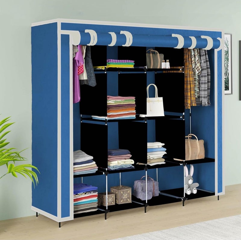 Whitecloud TRANSFORMING HOMES® Collapsible Wardrobe for Clothes with 12 Shelves 2 Hanger(Non Woven Febric 90GSM, Metal Rod, 145x38x145cm)(88270, Blue) - Image 1
