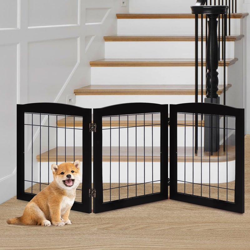 LZRS 3Panel Freestanding Foldable Wooden Dog Gate Solid Wood Steel Wire ChewResistant Indoor Safety Pet Fence for Doorways Stairs Ideal for Small to Medium Dogs Puppies Black