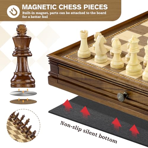 Peradix Magnetic Chess Checkers Board Sets with 2 Built-in Storage Drawers,12.8" Classic 2 in 1 Wooden Games with 2 Extra Queens for Kids and Adults,Travel Portable Chess Game Set - Image 4