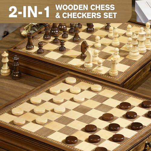 Peradix Magnetic Chess Checkers Board Sets with 2 Built-in Storage Drawers,12.8" Classic 2 in 1 Wooden Games with 2 Extra Queens for Kids and Adults,Travel Portable Chess Game Set - Image 3