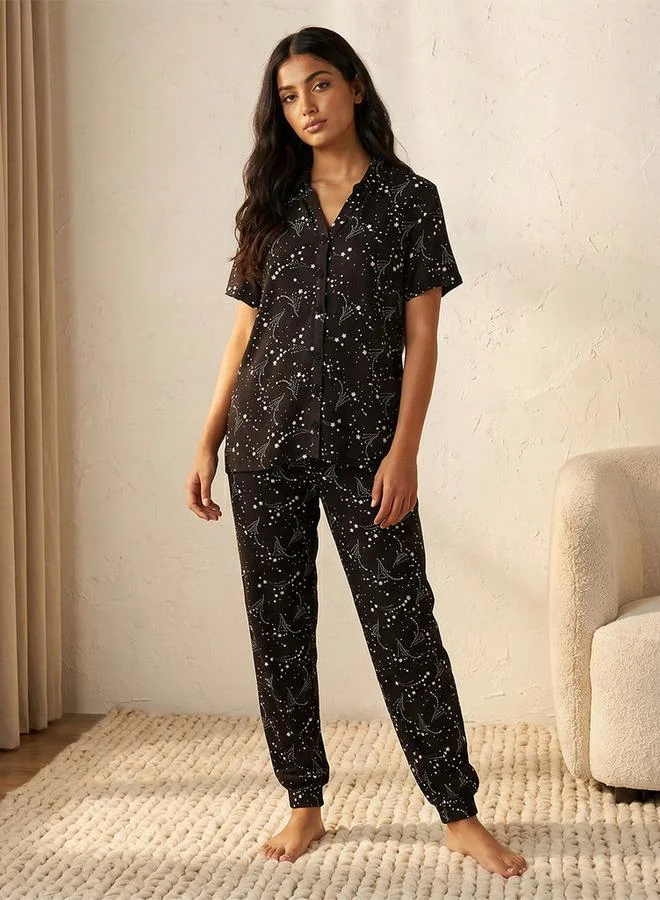 Pyjama Set Printed Button Down Shirt & Trousers