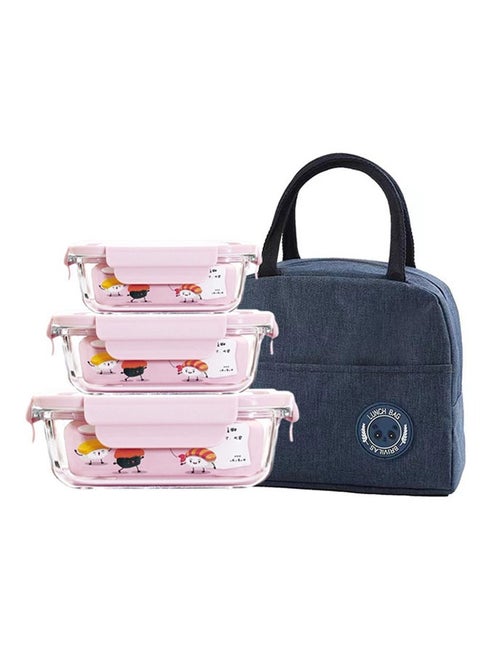 3 Piece Microwave Heating High Borosilicate Glass Lunch Boxes Glass Bowls 1050ml, 700ml, 410ml with Insulation Bag