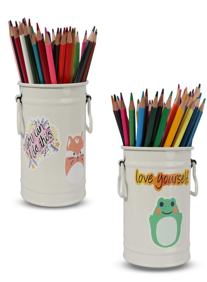MATIMASU Pen Holder Cup For Desk With 60 Pcs Cute Animal & 50 Pcs Inspirational Stickers,Tinplate Pencil Holder Metal Marker Pen Organizer Desk Accessory Storage for Office Home - Barrel Shape - 2 Pack (White) - Image 1