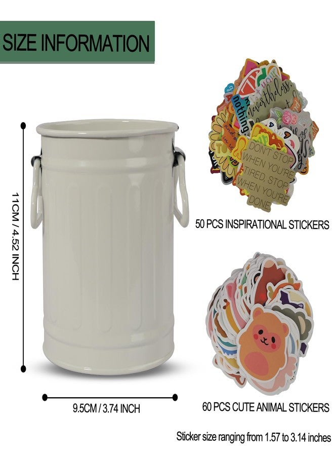 MATIMASU Pen Holder Cup For Desk With 60 Pcs Cute Animal & 50 Pcs Inspirational Stickers,Tinplate Pencil Holder Metal Marker Pen Organizer Desk Accessory Storage for Office Home - Barrel Shape - 2 Pack (White) - Image 2