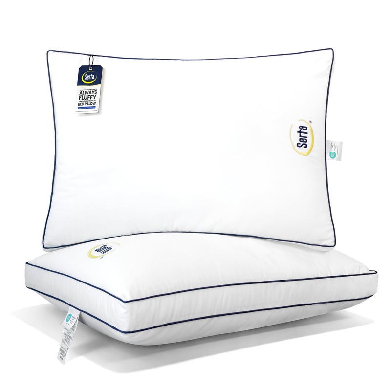 Serta Hotel Collection Bed Pillows Queen/Standard Size Set of 2, 400 Thread Count 100% Cotton Cover, Medium Firm, Support Gusseted Down Alternative Pillow for Back, Stomach or Side Sleepers, 18" x 26" - Image 1