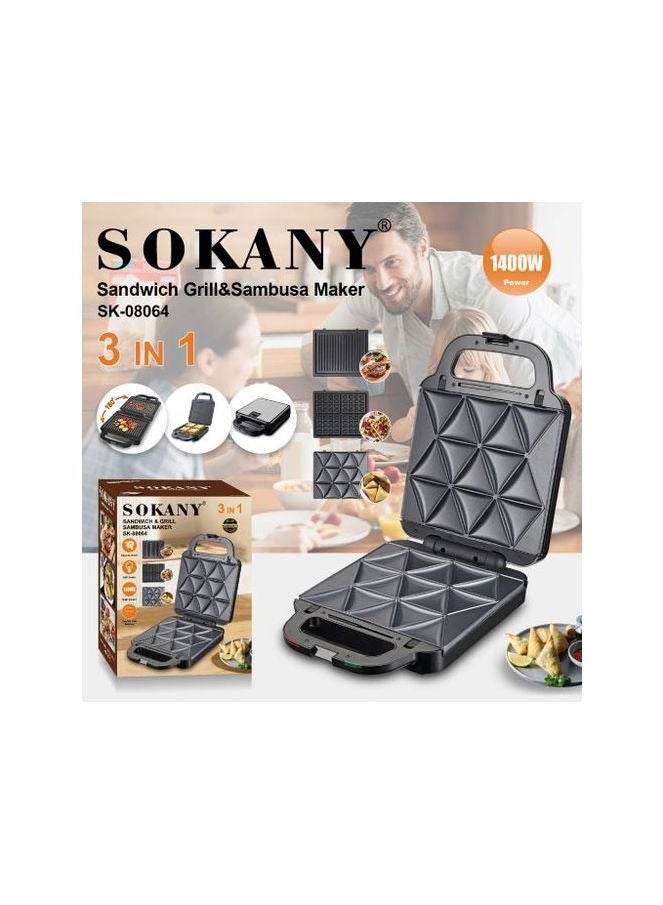 sokany Sokany 3 in 1 Large Sandwich Maker (Sandwich, Grill, Waffle, Samosa) 1400 Watts Model SK-08064N - 1 Year Warranty - Image 1