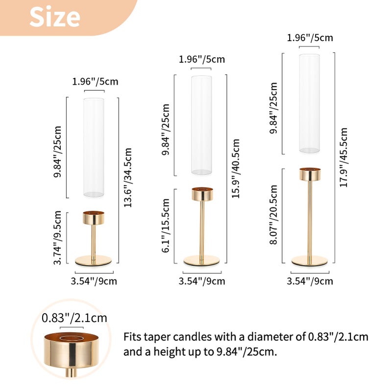 NUPTIO Hurricane Candlestick Holders for Centerpiece: Gold Taper Candles Stick Holders with Clear Glass Chimney - Tall Candleholder Set of 3 for Birthday Party Outdoor Decor - Image 5