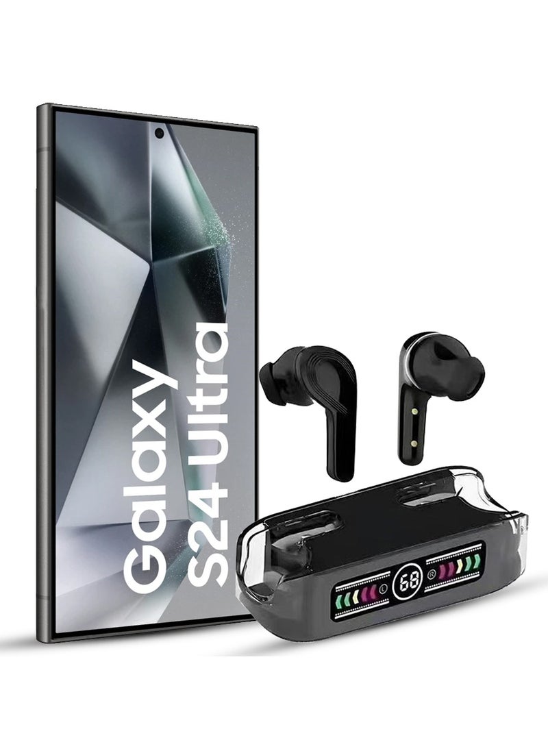 CATANES - [For Samsung Galaxy S24 Ultra] M12 MAX Wireless Bluetooth Headset Transparent Digital Display Color Screen Touching Type Long Battery Life Headset Game Mode Bluetooth Headset Black - Image 1