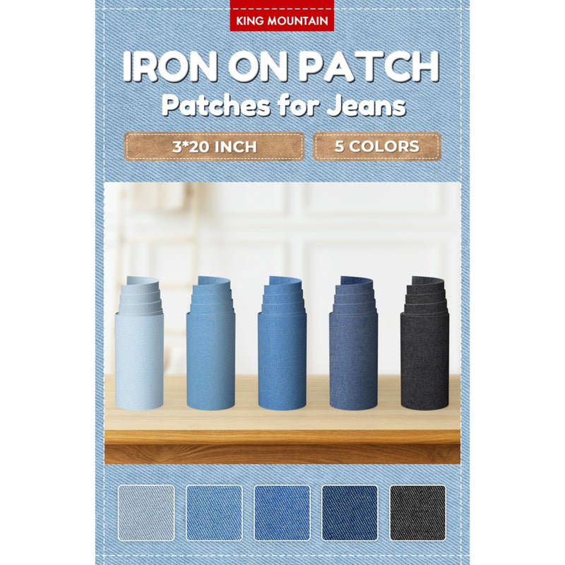 KING MOUNTAIN Iron on Patches for Jeans, 5Rolls Denim Patches for Inside&Outside Jeans, Iron on Repair for Clothes, Jeans,Denim Kit Decoration 3"x 20" - Image 1
