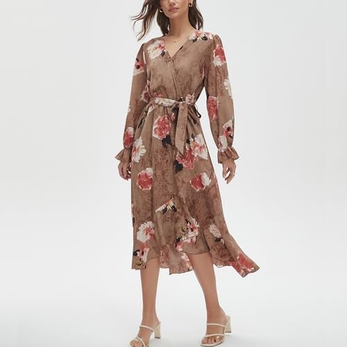 Max Hsuan Women's Floral Bohemian Dress Long Sleeve Wrap V Neck Ruffle Flowy Maxi Casual Tie Waist Boho Asymmetrical Vacation Dresses - Image 4