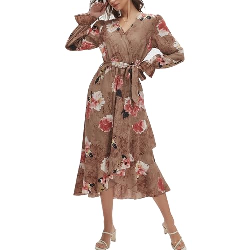 Max Hsuan Women's Floral Bohemian Dress Long Sleeve Wrap V Neck Ruffle Flowy Maxi Casual Tie Waist Boho Asymmetrical Vacation Dresses - Image 1