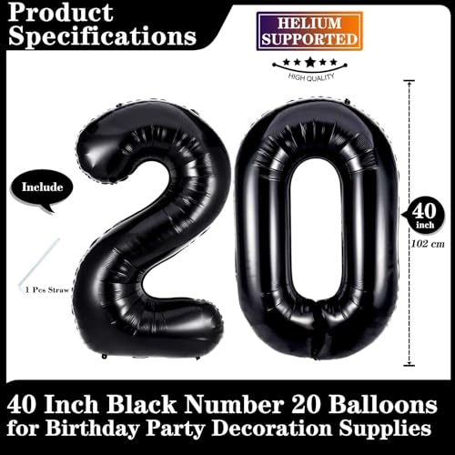 Lovoir Black 20 Number Balloons 40 Inch Giant Number 20 Balloons Foil Mylar Helium Black Number Balloons for 20th Birthday Party Supplies Anniversary Event Celebration Decorations - Image 5