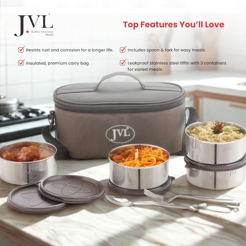 JVL Trixo Stainless Steel Lunch Box Set of 4 Leak-Proof Containers Capactiy Each (300ml) with Insulated Bag & Cutlery Included Ideal for Office, School & Travel (Trixo-3) - Image 5