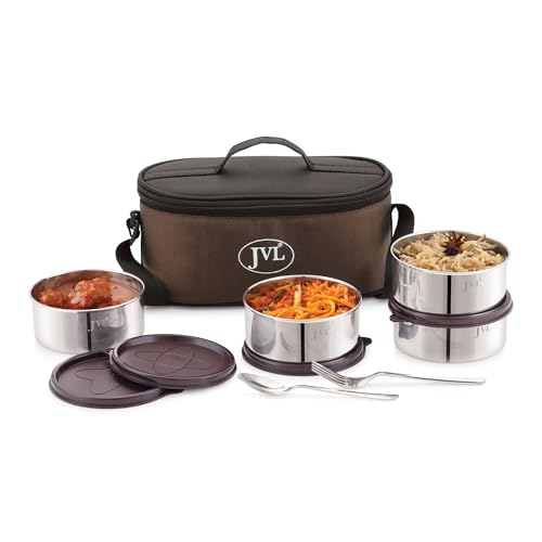 JVL Trixo Stainless Steel Lunch Box Set of 4 Leak-Proof Containers Capactiy Each (300ml) with Insulated Bag & Cutlery Included Ideal for Office, School & Travel (Trixo-3) - Image 1