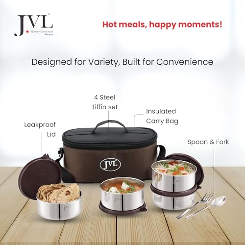 JVL Trixo Stainless Steel Lunch Box Set of 4 Leak-Proof Containers Capactiy Each (300ml) with Insulated Bag & Cutlery Included Ideal for Office, School & Travel (Trixo-3) - Image 3