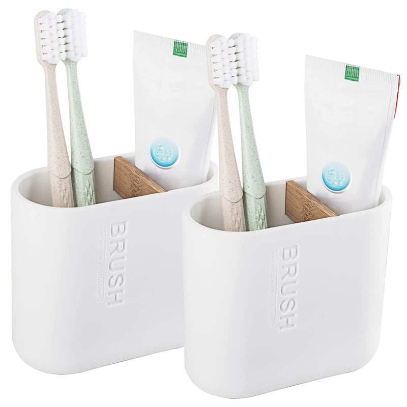 rejomiik Toothbrush Holders Bamboo Electric Toothbrush Holder Bathroom Storage Organizer Countertop for Toothpaste Floss Razor 2 Pack White