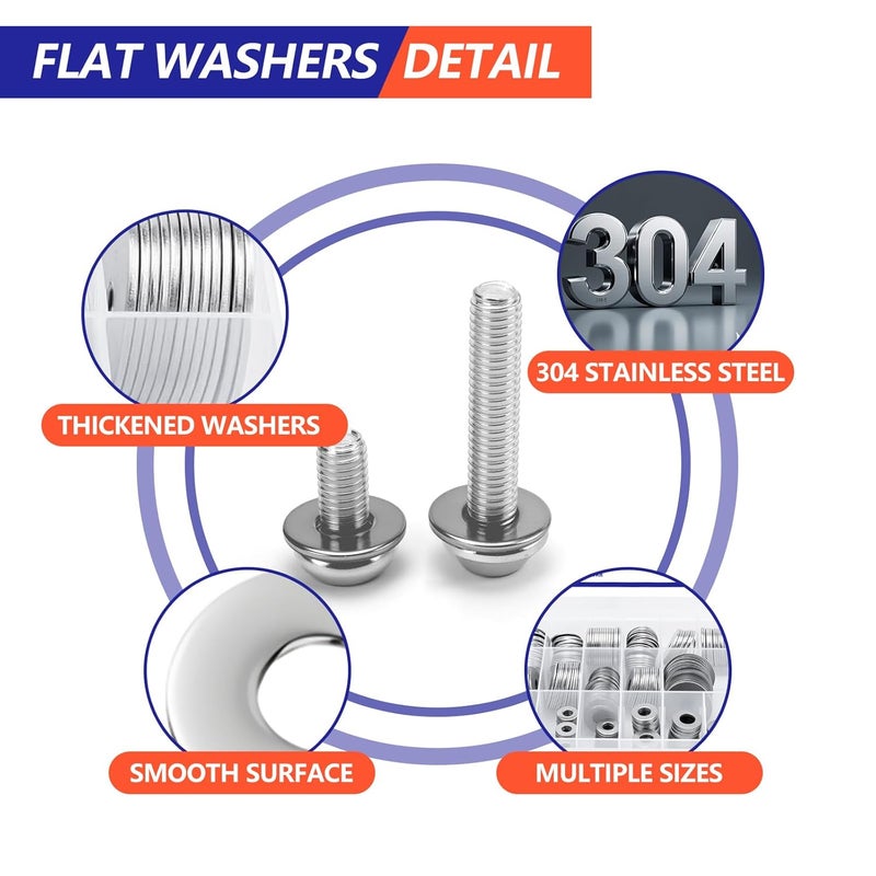 Magicave Store Fender Washers, 550 Pcs SAE and Metric Flat Washers Assortment Kit, Stainless Steel Washers for Screws and Bolts (M3, M4, M5, M6, M8, M10, M12, #6, #8, #10, #12, 1/4", 5/16", 3/8", 1/2") - Image 4