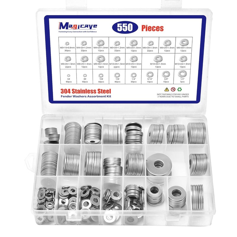 Magicave Store Fender Washers, 550 Pcs SAE and Metric Flat Washers Assortment Kit, Stainless Steel Washers for Screws and Bolts (M3, M4, M5, M6, M8, M10, M12, #6, #8, #10, #12, 1/4", 5/16", 3/8", 1/2") - Image 1
