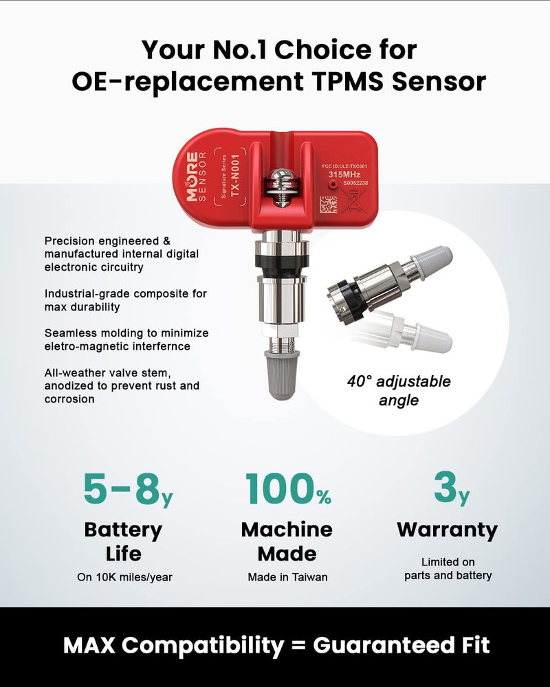 MOBILETRON حساس ضغط الإطارات MORESENSOR 315MHz TPMS 4-pack | متوافق مع موديلات مختارة من لكزس وتويوتا | بديل ل 42607-33011 | تركيب داخلي | NX-S008-4 - Image 3