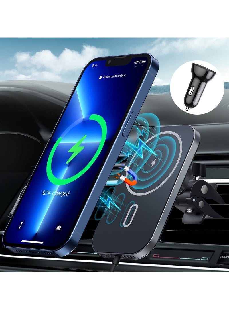 Captaintech - MagSafe Car Mount Charger 360 Degree Adjustable Magnetic Wireless Charger Air Vent Phone Holder Compatible with iPhone 14 13 12 Series with Car Adapter - Image 1