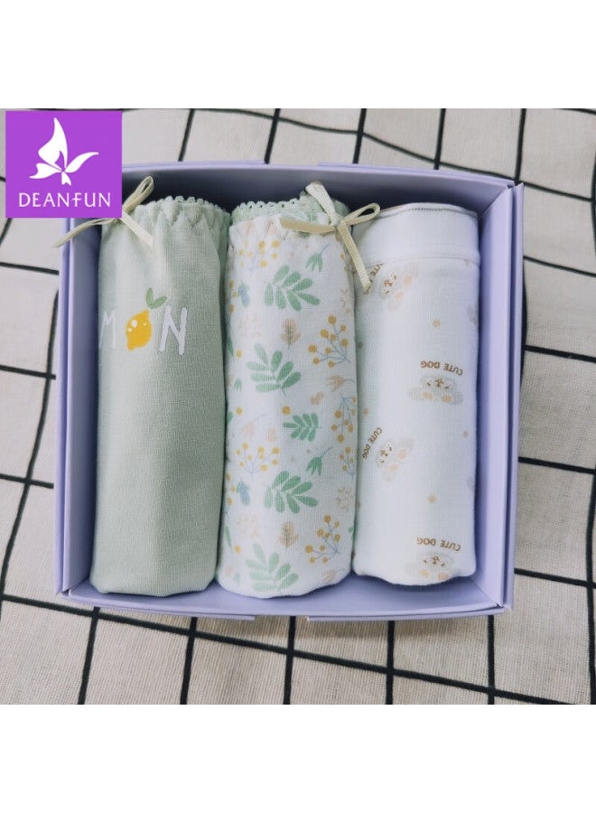Deanfun Women's Cotton Mid-waist Printed Light Green Lemon Dream Cute Triangle Panties 3-pack Gift Box XL