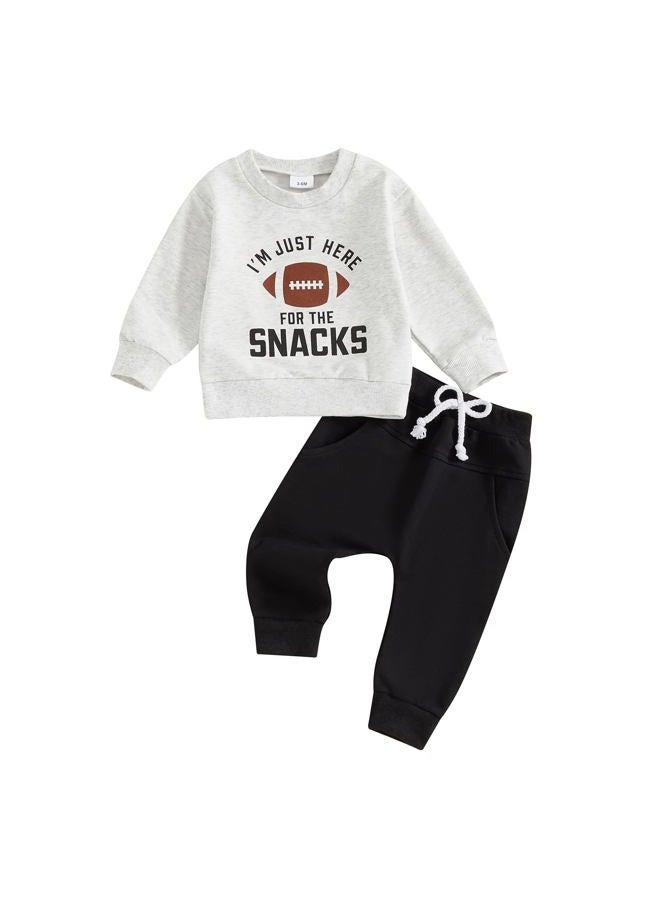 allshope Baby Boy Fall Clothes Set Long Sleeve Football Print Sweatshirt Pants Toddler Infant Outfits 6 12 18 24 Months 2T, I'm Just Here for the Snacks Gray, 18-24 months - Image 1