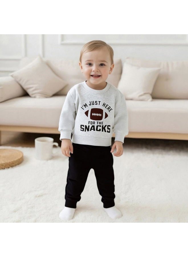 allshope Baby Boy Fall Clothes Set Long Sleeve Football Print Sweatshirt Pants Toddler Infant Outfits 6 12 18 24 Months 2T, I'm Just Here for the Snacks Gray, 18-24 months - Image 4