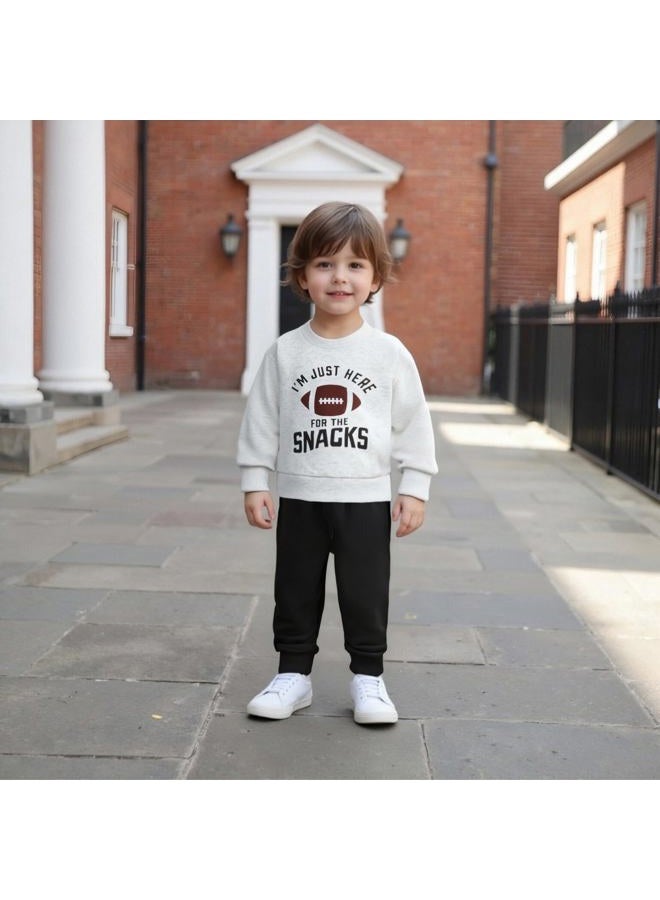 allshope Baby Boy Fall Clothes Set Long Sleeve Football Print Sweatshirt Pants Toddler Infant Outfits 6 12 18 24 Months 2T, I'm Just Here for the Snacks Gray, 18-24 months - Image 2