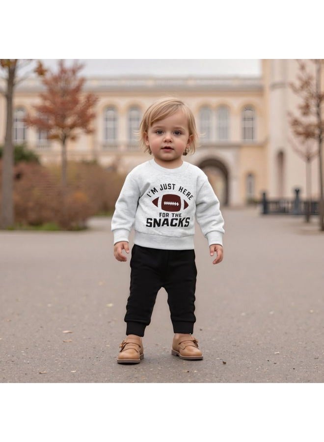 allshope Baby Boy Fall Clothes Set Long Sleeve Football Print Sweatshirt Pants Toddler Infant Outfits 6 12 18 24 Months 2T, I'm Just Here for the Snacks Gray, 18-24 months - Image 3