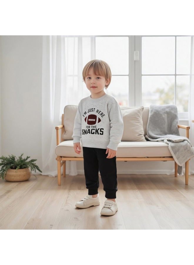 allshope Baby Boy Fall Clothes Set Long Sleeve Football Print Sweatshirt Pants Toddler Infant Outfits 6 12 18 24 Months 2T, I'm Just Here for the Snacks Gray, 18-24 months - Image 5
