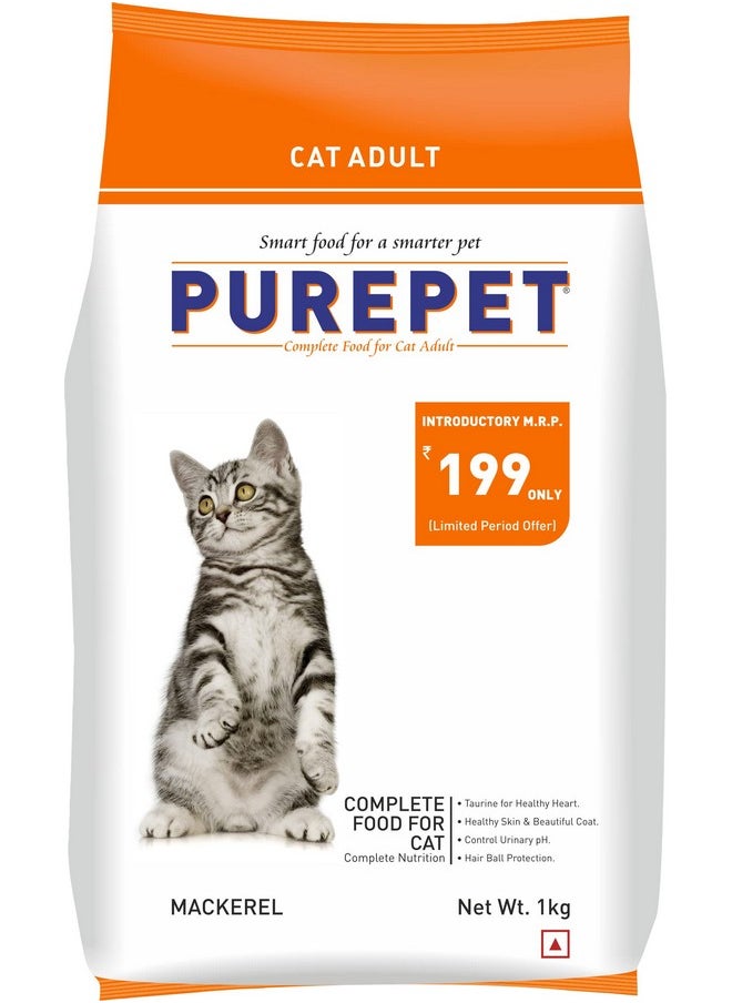 PUREPET Adult Dry Cat Food Mackerel Flavour, 1 Kg Pack  - Image 1