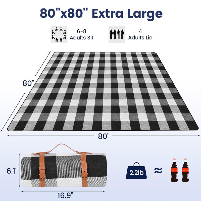 sapsisel 80”x 80” Picnic Blanket Extra Large, Waterproof and Foldable Beach Blanket, 3-Layer Outdoor Blanket for 6 to 8 Adults, for Camping, Park, Beach, Grass, Indoors… - Image 2